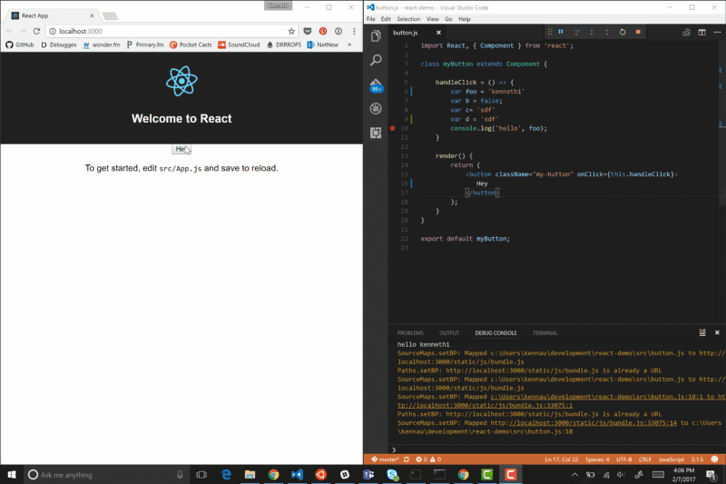 Demo of React app being live edited and debugged from VS Code