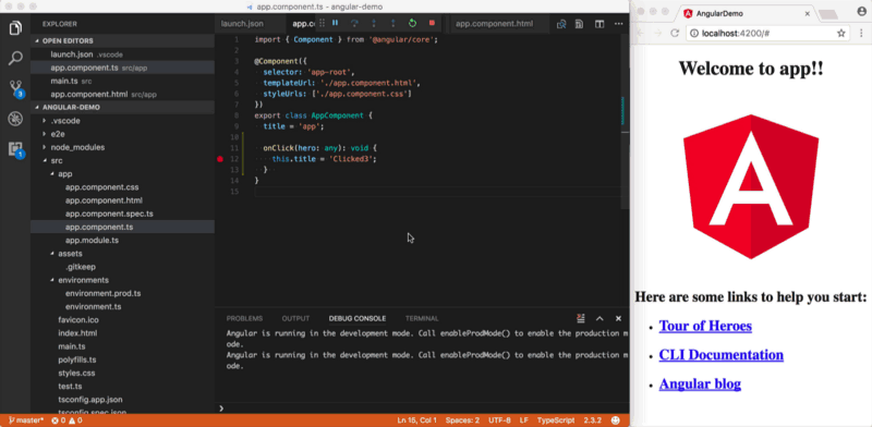 Demo of a click event handler in an Angular component being debugged and live edited from VS Code